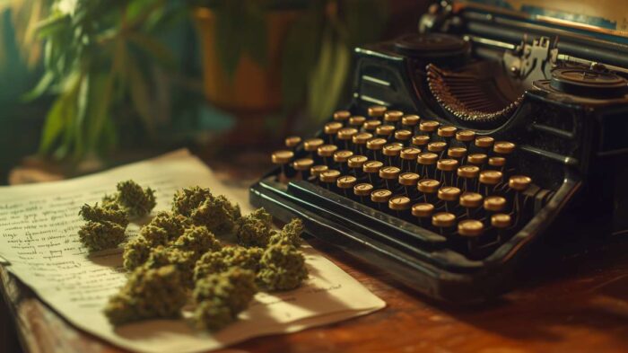 Des fleurs CBD et une machine à écrire