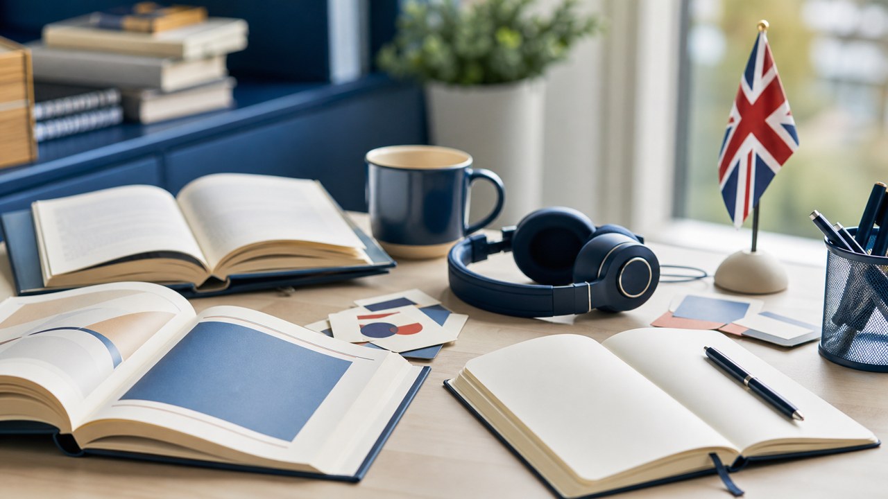 Livres, carnet et casque pour apprendre l’anglais
