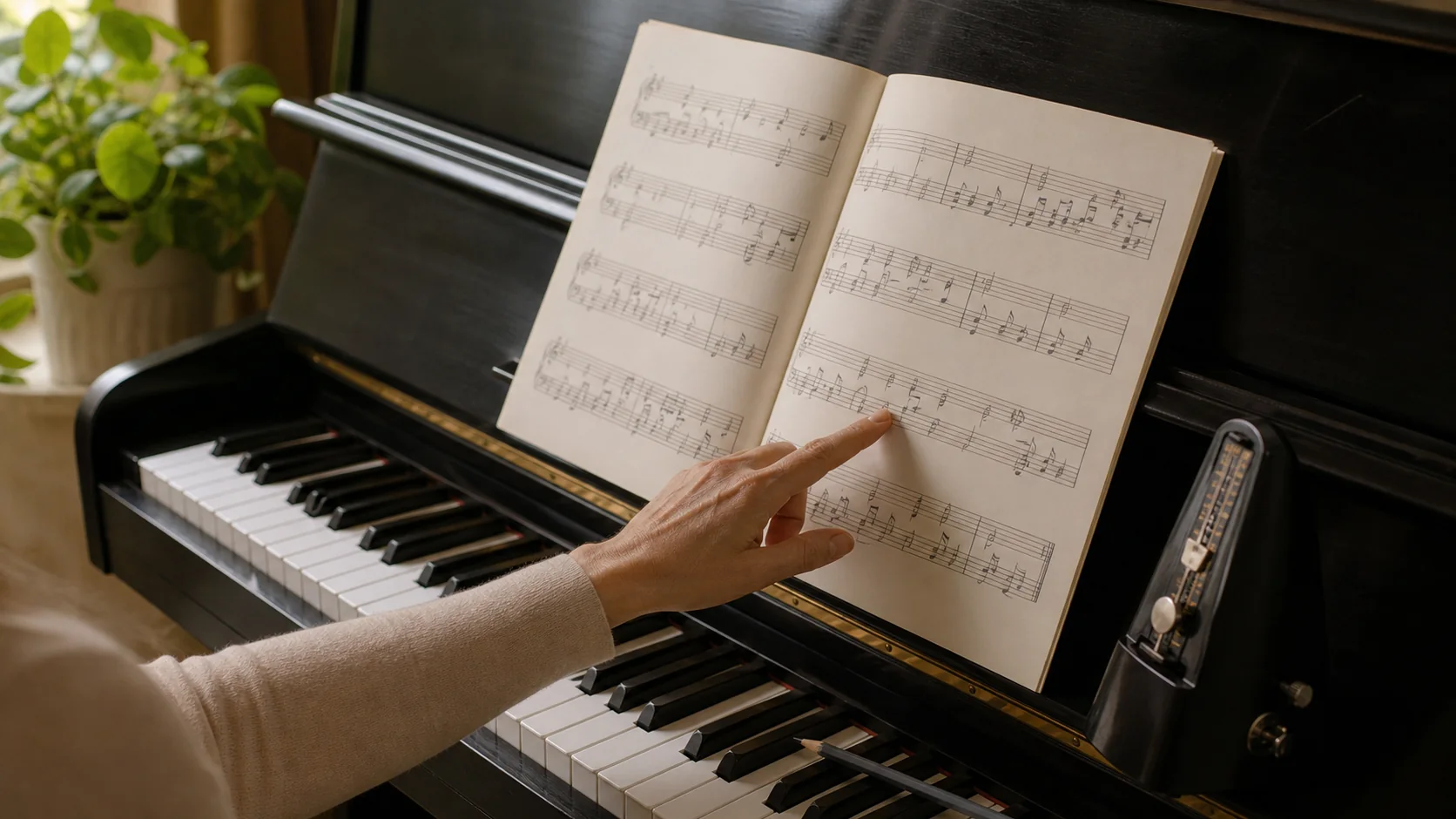 Une personne étudie une partition devant un piano avec un métronome