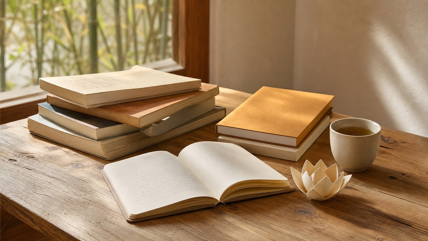 Livres sobres, carnet, thé et lotus en papier pour découvrir le bouddhisme avec respect