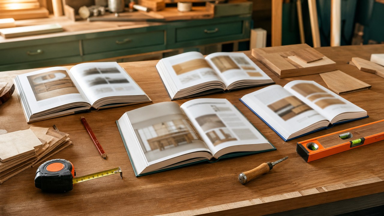 Livres pratiques et outils sur un établi de bricolage