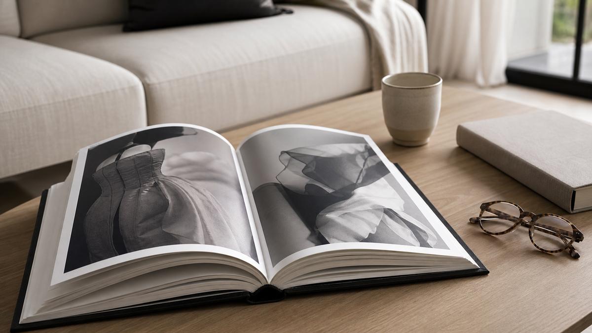 Beau livre de mode ouvert sur une table basse