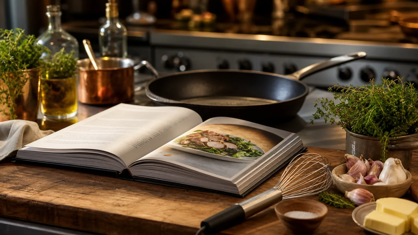 Livre de cuisine ouvert et ustensiles sur un plan de travail
