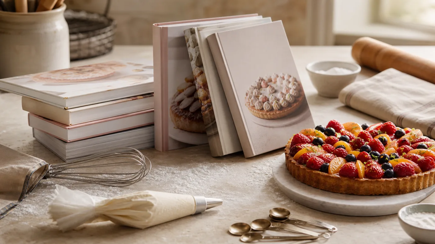 Livres de pâtisserie, tarte et ustensiles sur un plan de travail
