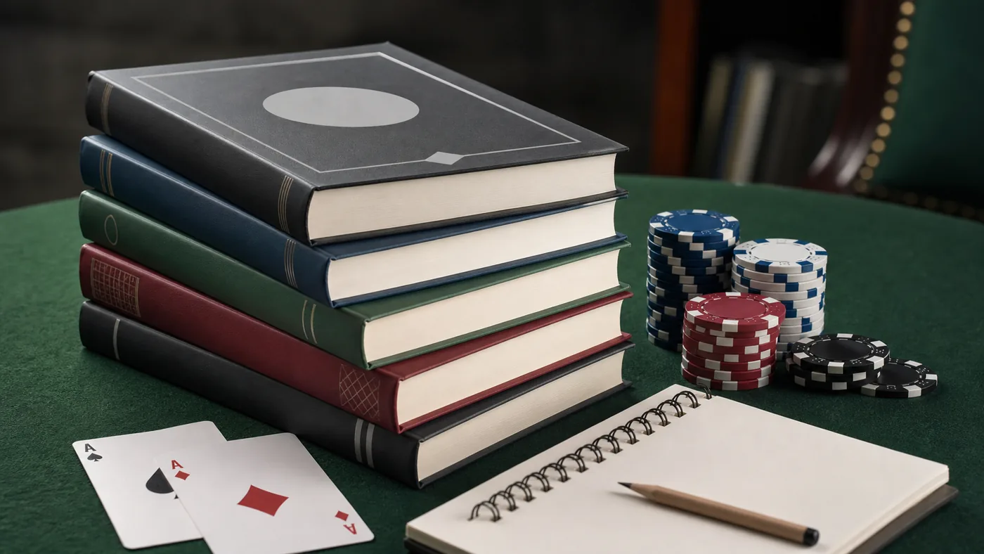 Livres de stratégie, cartes et jetons sur une table de poker