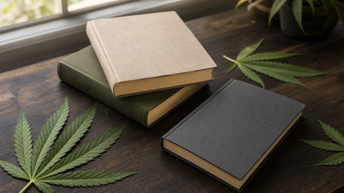 Livres documentaires et feuilles botaniques pour situer un guide sur le cannabis