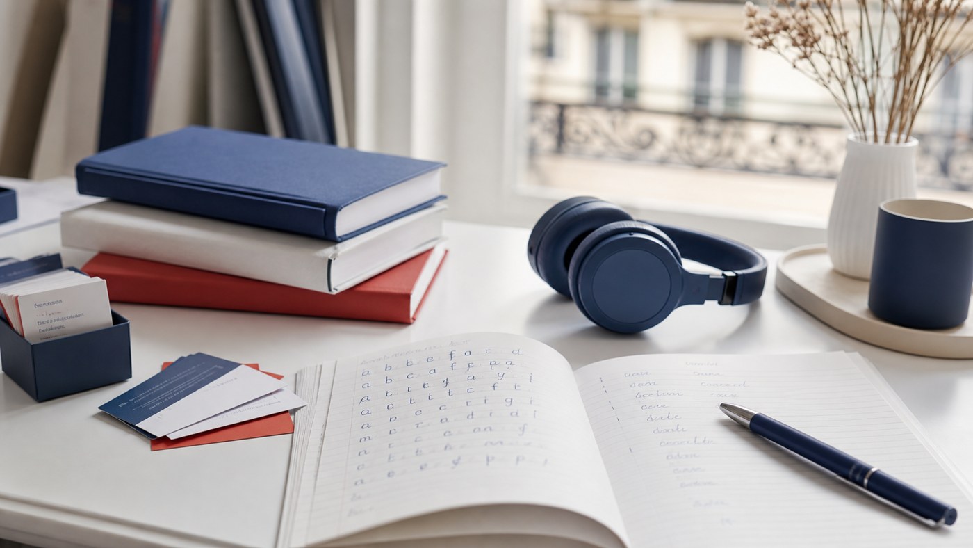 Manuels, cartes de vocabulaire et casque audio pour comparer les méthodes de français