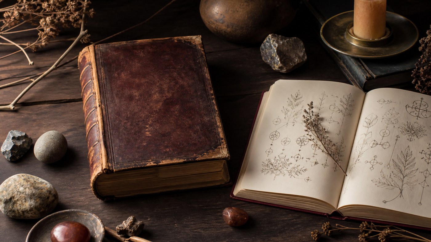 Grimoire ancien et carnet botanique pour comparer histoire, symboles et usage éditorial