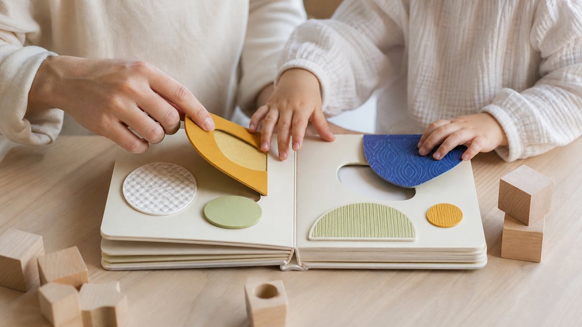 Mains d'un adulte et d'un enfant explorant un livre tactile