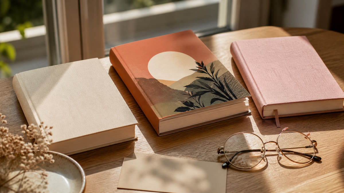 Livres, carnet et accessoires de projets disposés sur une table pour préparer un cadeau de retraite