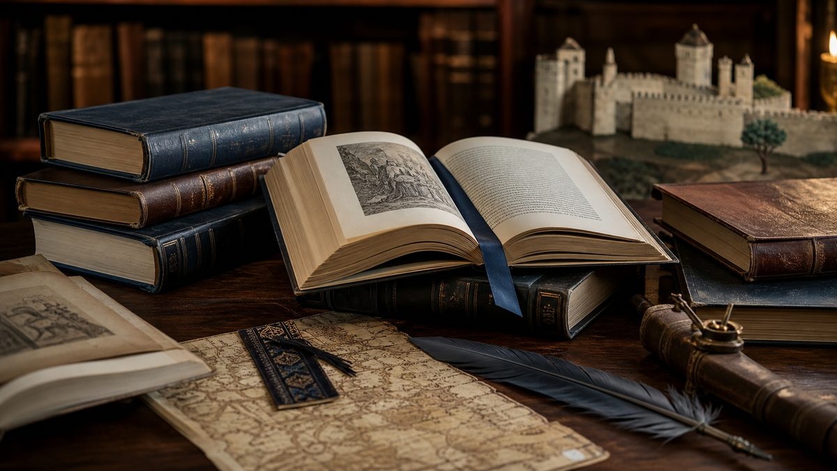 Livres d’histoire, carte et architecture médiévale pour comparer les approches