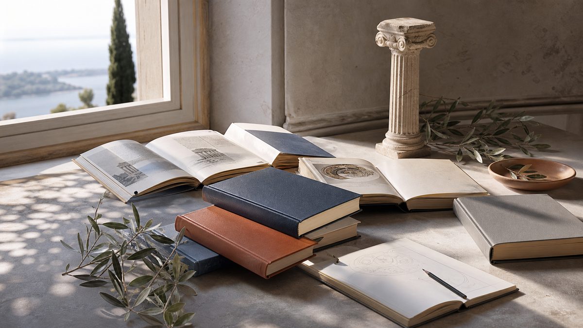Livres, colonne antique et branche d’olivier pour explorer la mythologie grecque