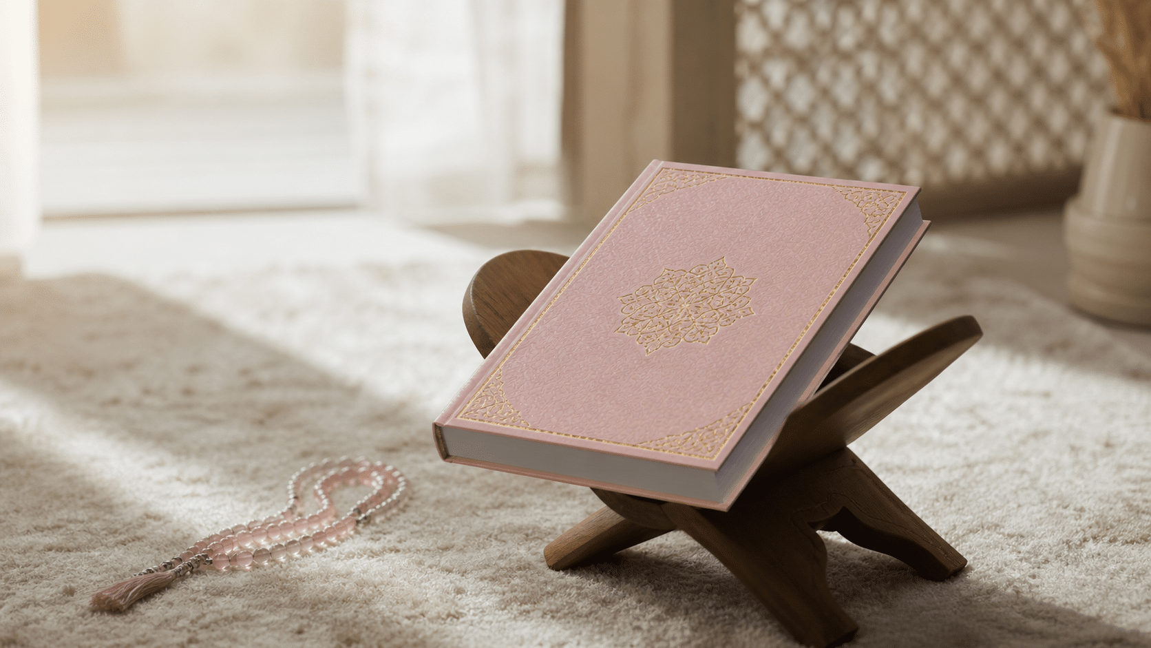Livre religieux à couverture rose sur un support en bois
