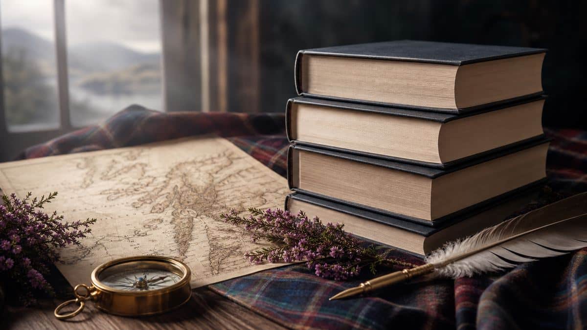 Romans, carte d’Écosse et accessoires de lecture pour la saga Outlander