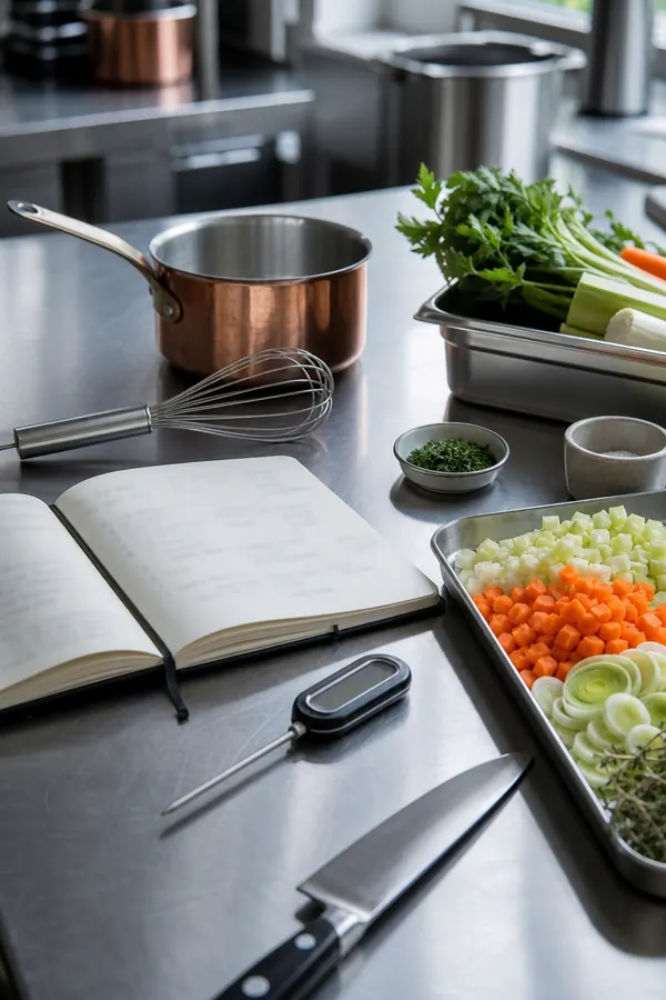 Poste de travail organisé pour progresser avec un manuel de techniques culinaires